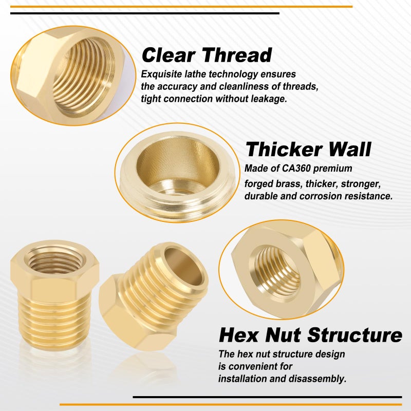 KOOTANS 4pcs Heavy Duty 1/4 NPT Male Thread to 1/8 NPT Female Thread Brass Reducer Hex Bushing Brass Fitting Pipe Hose Tube Adapter Convert - Image 3